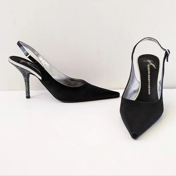 Giuseppe Zanotti Black Crystal Embellished Satin Slingback Pumps - Picture 5 of 16